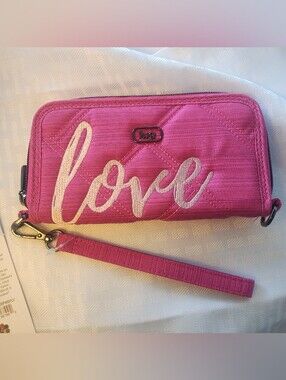NWT LUG WHIRLY LOVE RFID WRISTLET WALLET BRUSHED ROSETTE PINK